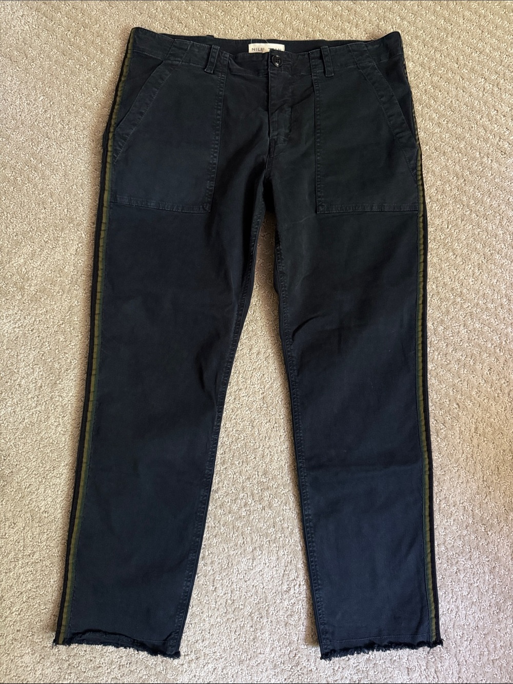 Nili Lotan | Jenna Striped Raw Hem Chino Pants in Bluish Charcoal | Size 10